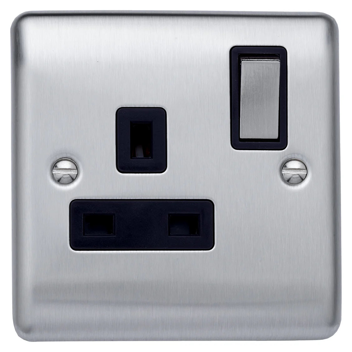 Caradok 1G 13A DP Switched Socket Brushed Chrome Black Insert