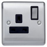 Caradok 1G 13A DP Switched Socket Brushed Chrome Black Insert