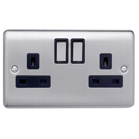 Caradok 2G 13A DP Switched Socket Brushed Chrome Black Insert