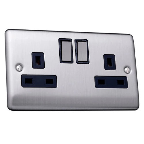 Caradok 2G 13A DP Switched Socket Brushed Chrome Black Insert