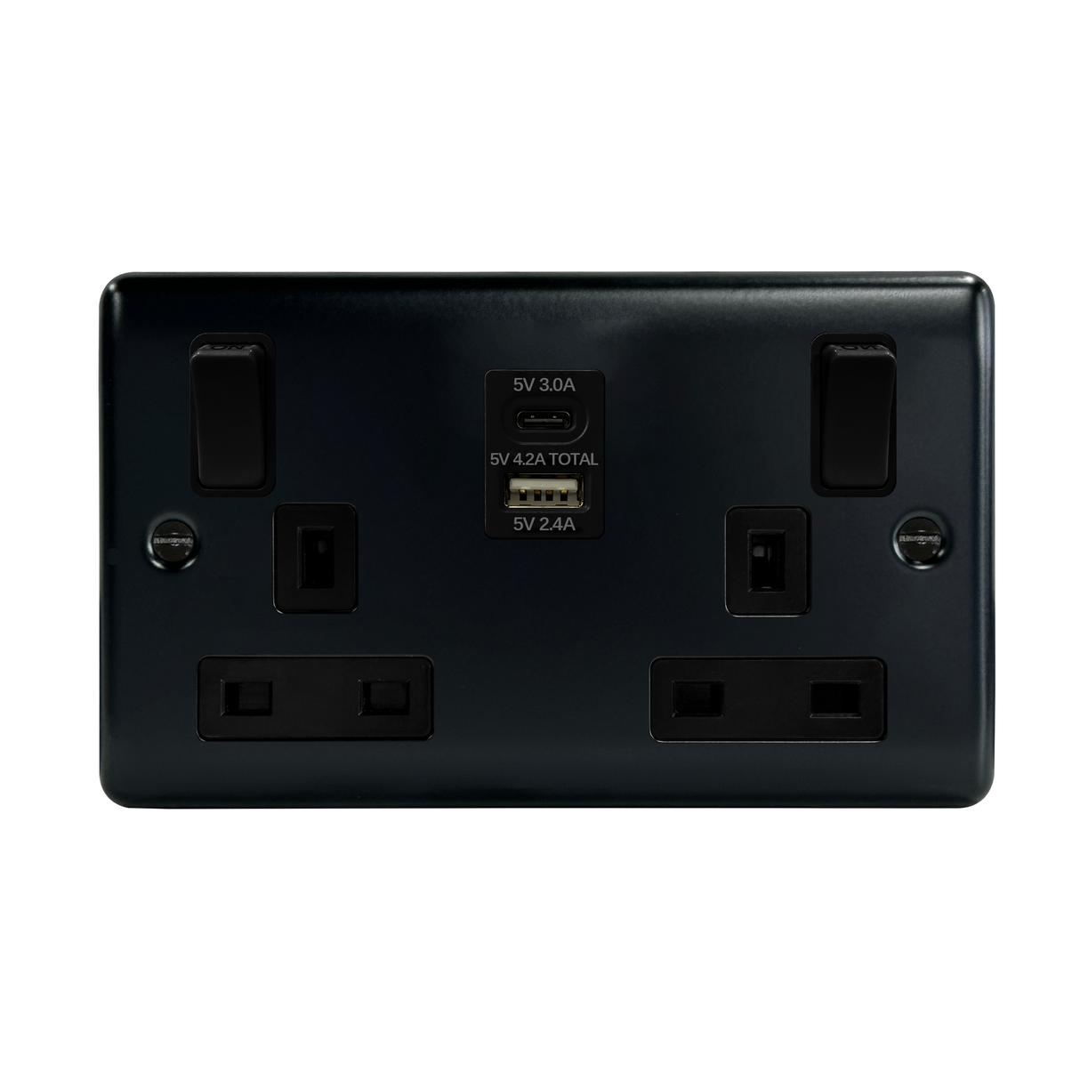 Caradok 2G 13A Switched Socket USB A + C Matt Black (Outboard Rockers)