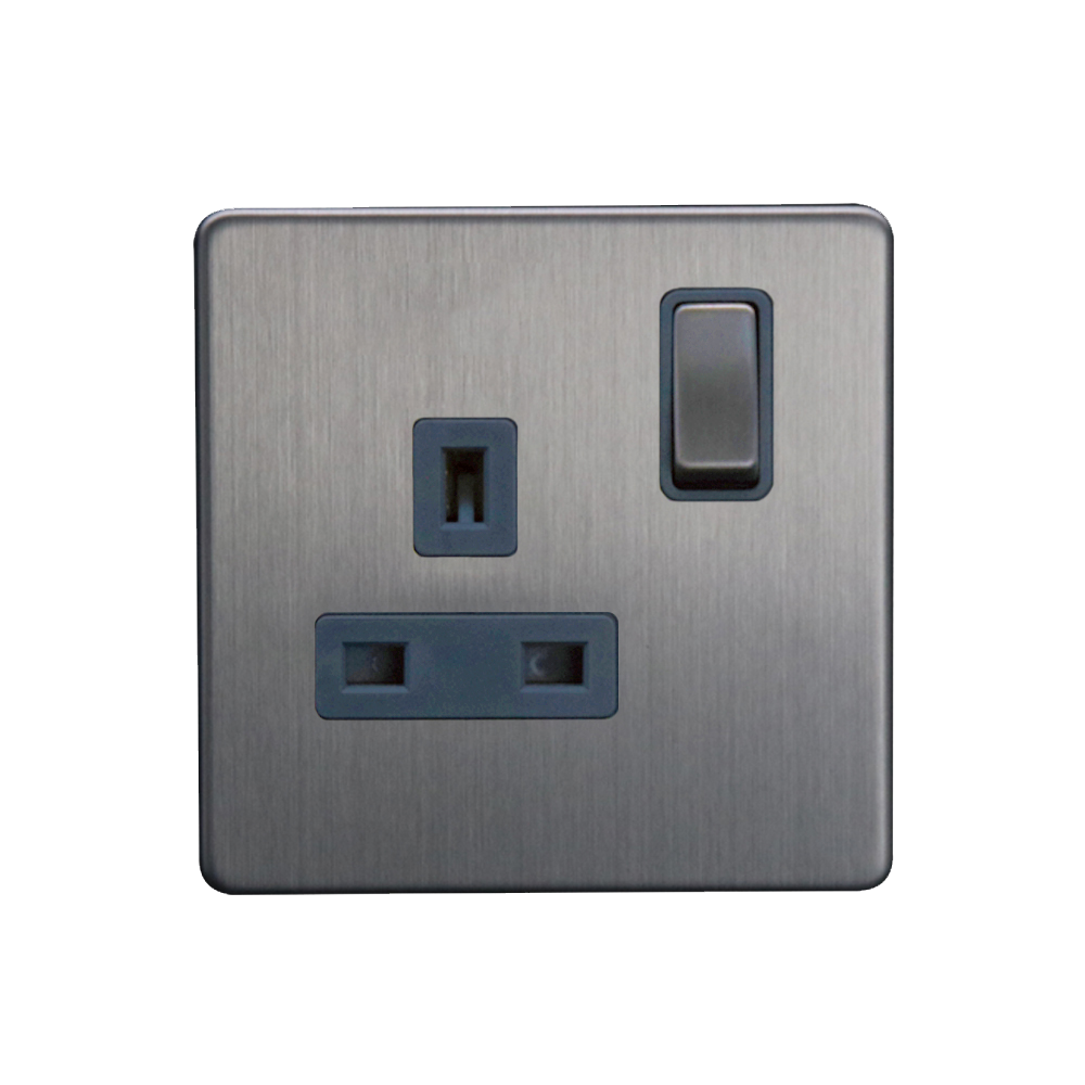 Caradok - The Flat - Screwless 13A 1G DP Switched Socket Brushed Chrome Grey Insert