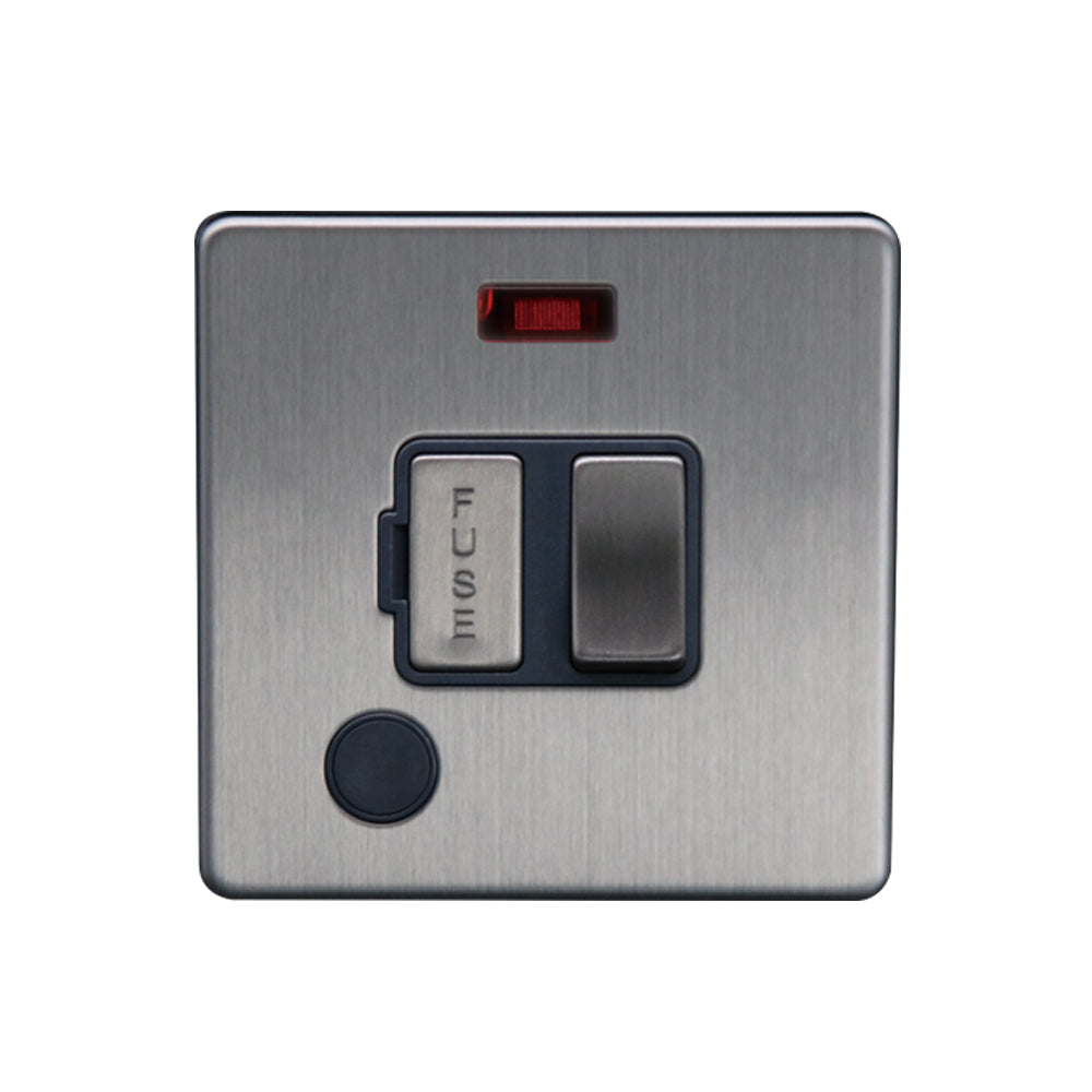 Caradok - The Flat - Screwless 13A Switched Spur c/w Neon + F/O Brushed Chrome Grey Insert