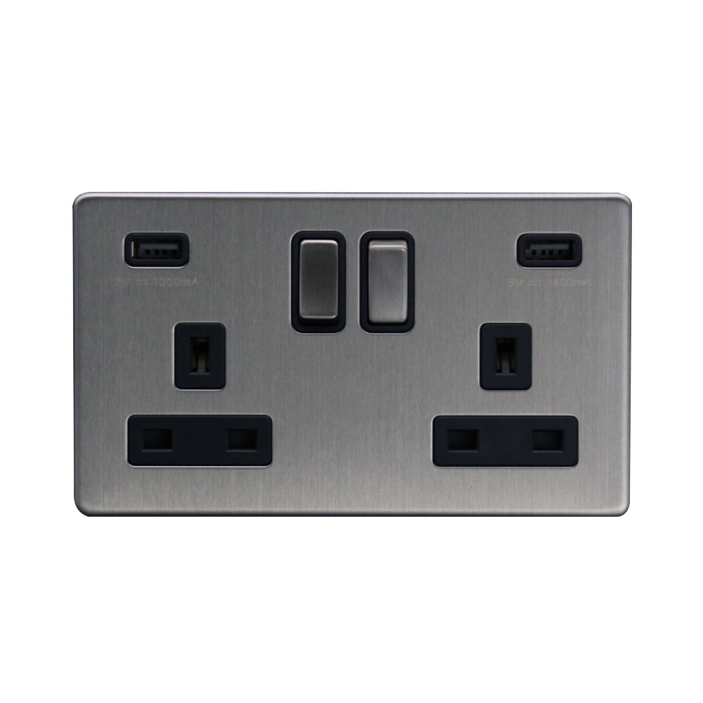 Caradok - The Flat - Screwless 2G 13A Switched Socket 2 USB A 3.1A Brushed Chrome Black