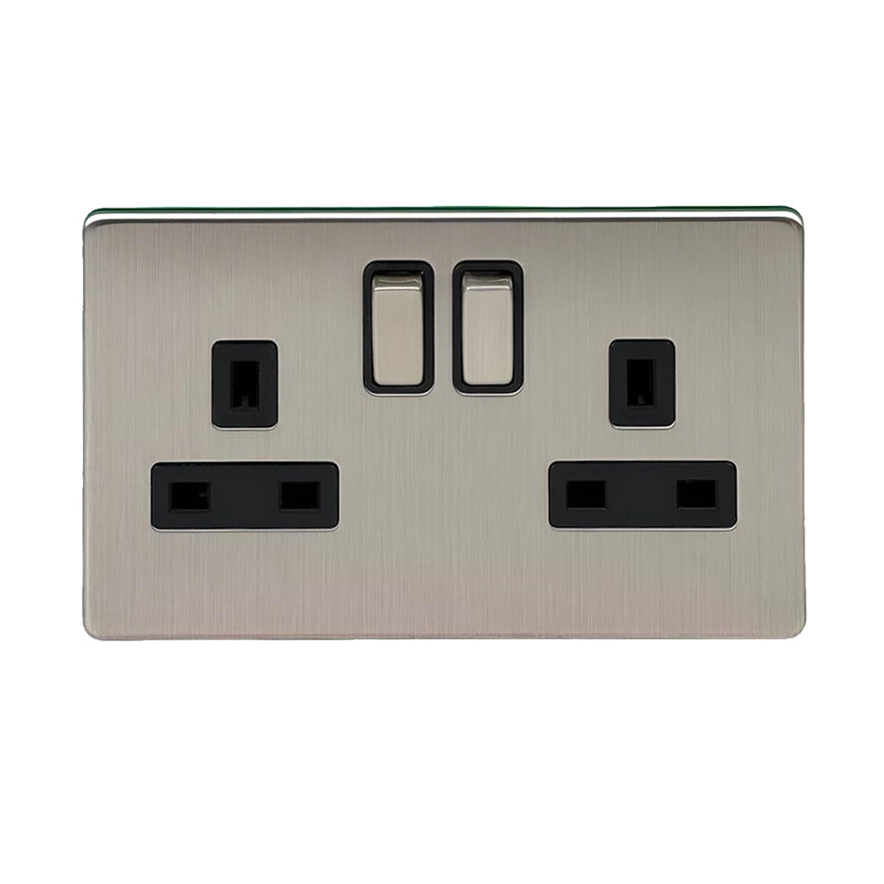 Caradok - The Flat - Screwless 13A 2G DP Switched Socket Metal Brushed Chrome With Black Inserts