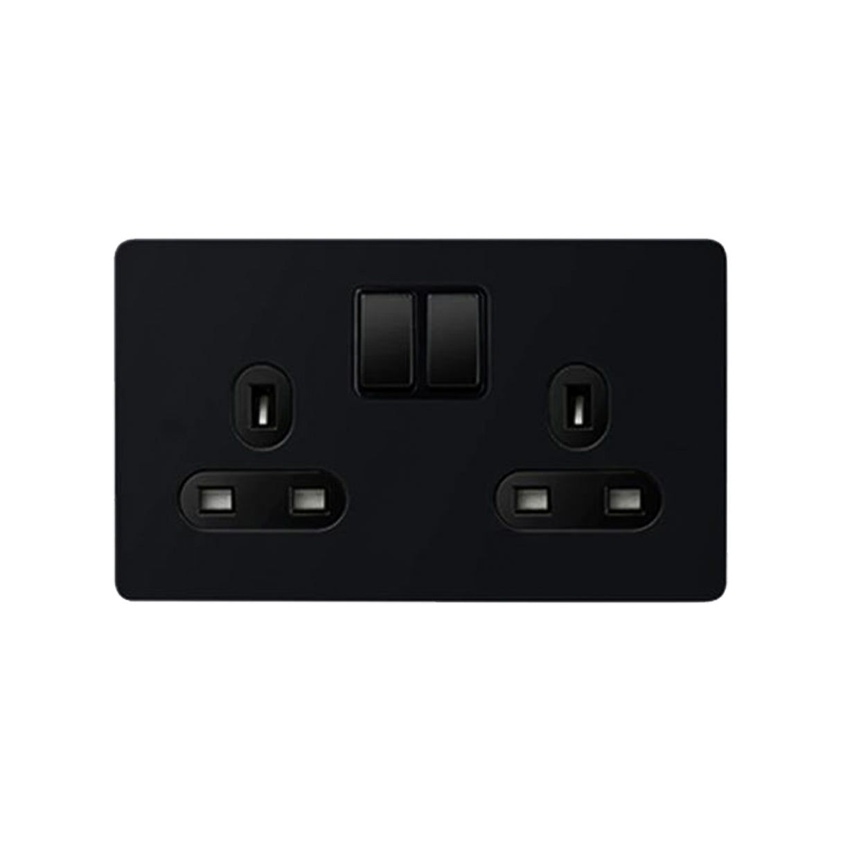 Caradok Matt Black Metal Screwless 2 Gang Plug Socket - Black Inserts