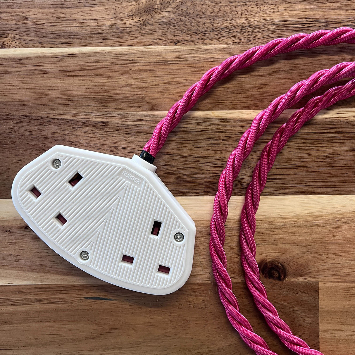 Pink Braided Fabric Decorative Extension Lead - White Trailing Socket