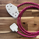 Pink Braided Fabric Decorative Extension Lead - White Trailing Socket