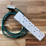 Green Braided Fabric Decorative Extension Lead - White 4 Gang Switched Trailing Socket