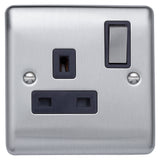 Caradok 13A 1gang switched socket, double pole Brushed Chrome, Metal Switch, Grey Insert - Caradok