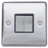 Caradok 2 gang 2 way plate switch Brushed Chrome, Metal Switch, Grey Insert - Caradok