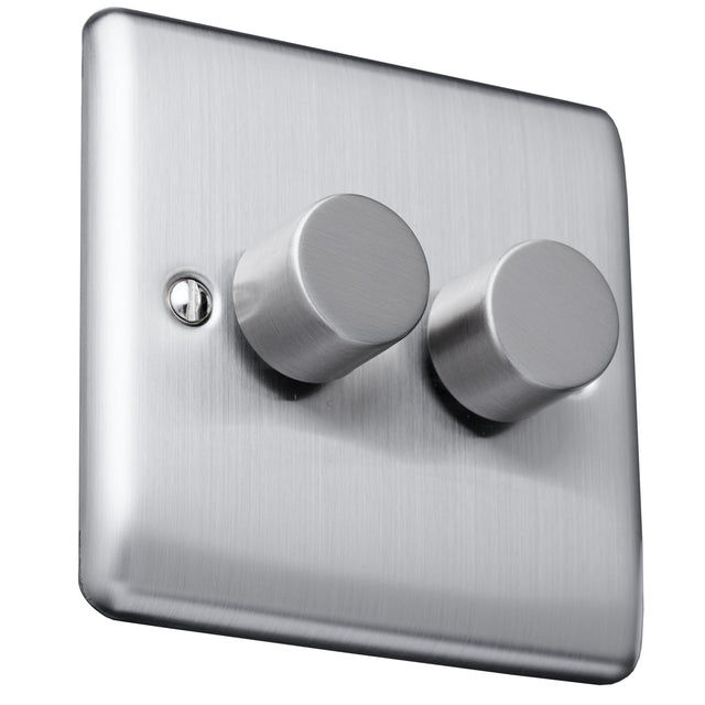 Caradok 400W 2 gang 2way dimmer switch Brushed Chrome, Metal Switch, Grey Insert - Caradok