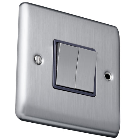 Caradok 2 gang 2 way plate switch Brushed Chrome, Metal Switch, Grey Insert - Caradok