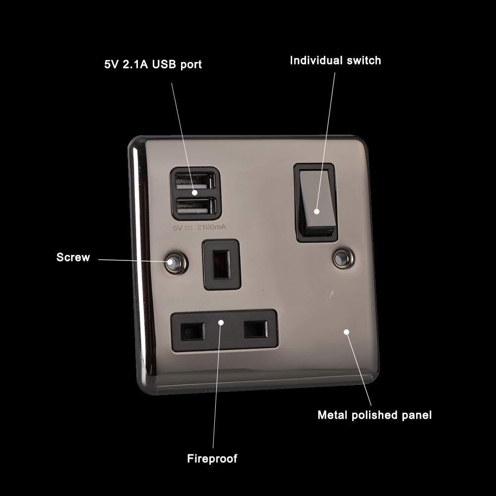 Caradok 1 Gang 2.1A Plug Socket with USB Sockets - Black Nickel - Caradok