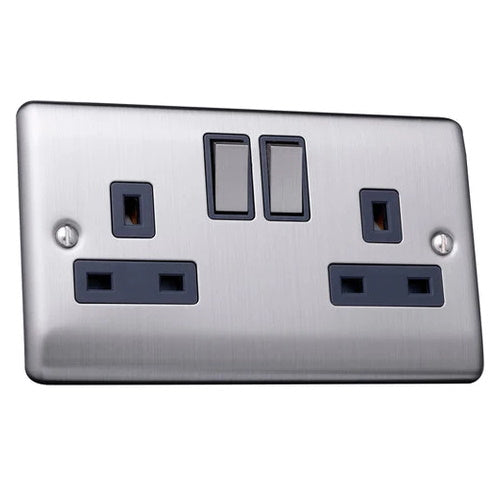 Caradok 13A 2 gang switched socket, double pole Brushed Chrome, Metal Switch, Grey Insert