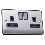 Caradok 13A 2 gang switched socket, double pole Brushed Chrome, Metal Switch, Grey Insert