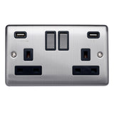 Caradok 2 Gang Double Pole switched socket with USB sockets - Brushed Steel - Caradok
