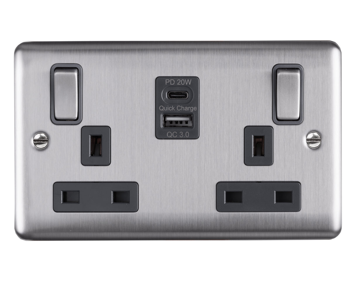 2 gang Double Pole Switched Socket with 1 x USB Type A Quick Charge + 1 x USB Type C - Brushed Steel - Caradok