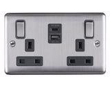 2 gang Double Pole Switched Socket with 1 x USB Type A Quick Charge + 1 x USB Type C - Brushed Steel - Caradok