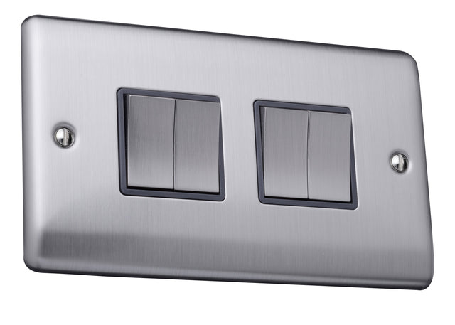 Caradok 4 gang 2 way plate switch Brushed Chrome, Metal Switch, Grey Insert - Caradok