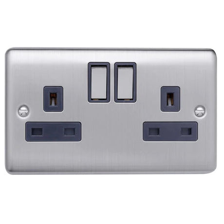 Caradok 13A 2 gang switched socket, double pole Brushed Chrome, Metal Switch, Grey Insert