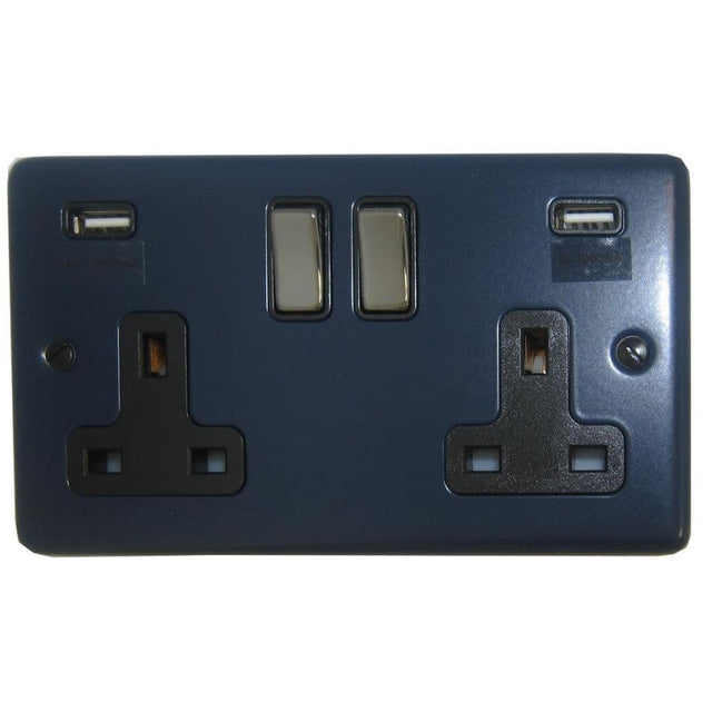 CRB3910-BN Standard Plate Blue 2 Gang Double 13A Switched Plug Socket 2.1A USB