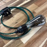 Green Plug-in Fabric Pendant - Twisted Fabric Flex - E27 Bulb Pendant - Black Plug