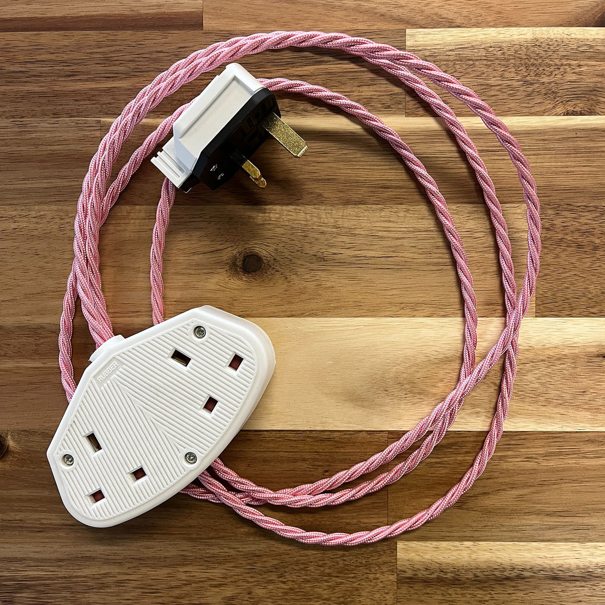 Pink Braided Fabric Decorative Extension Lead - White Trailing Socket